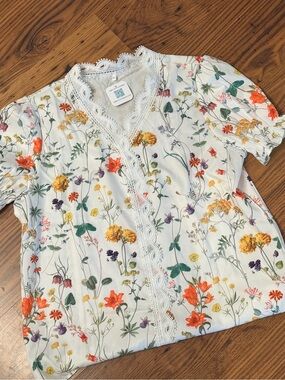 Floral Lace-Trim Blouse in Cream with Orange & Yellow Florals